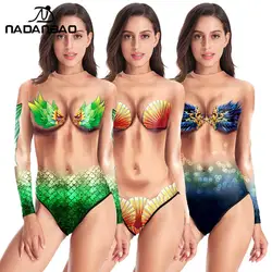 Nadanbao Sexy Mermaid Swimwear Women Halloween Cosplay Costume Zentai Suit Fish Scale Print Long Sleeve Bodysuit Beach Swimsuit