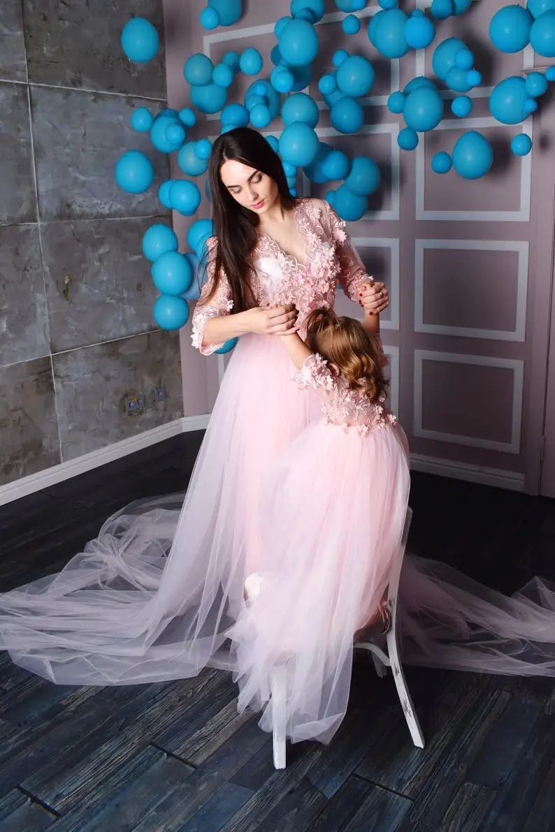 Baby Pink Lace Tulle Mommy and me Dress Elegant Mother Daughter Matching Dresses for photo shoot or First Birthday Party 2023