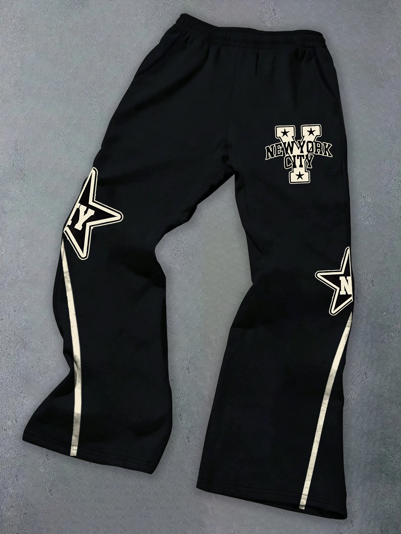 

Men's American-Style High-Street Print Black Slightly Flared Sweatpants: Loose-Fitting, Drapey, Wide-Leg Casual Athletic Pants