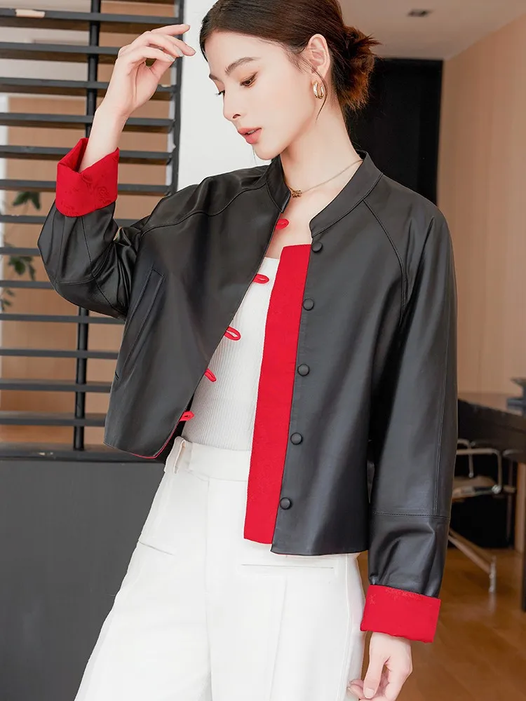 Veste en cuir véritable de mouton pour femmes, nouveau Style chinois, col montant, vêtements d'extérieur à la mode, Patchwork, simple boutonnage, manteau court décontracté