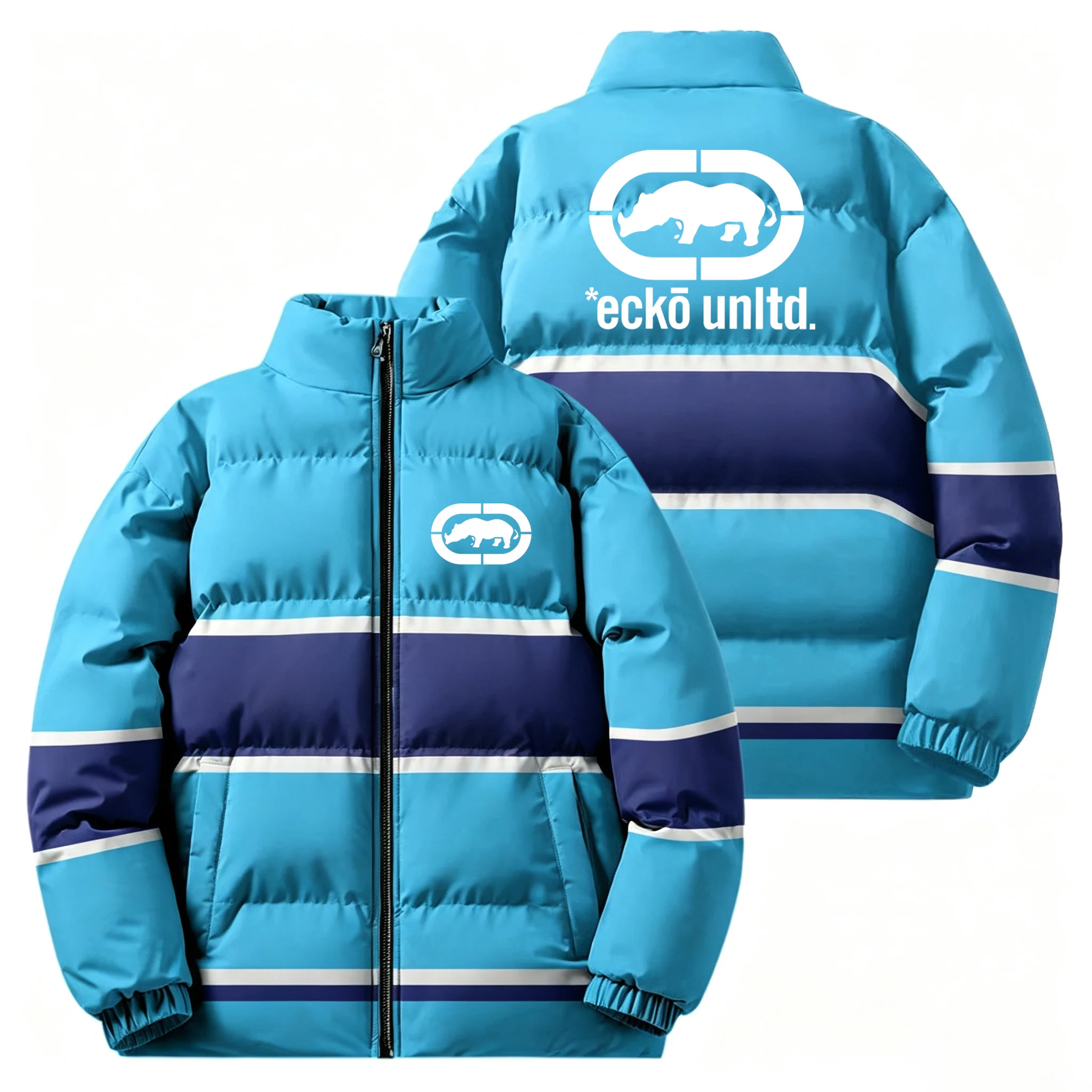 Hip‑Hop Streetwear Men Winter Puffer Jacket Ecko Unltd Rhino Graphic Stand‑collar Zip‑up Thick Warm Loose Fit Casual Outer Coat