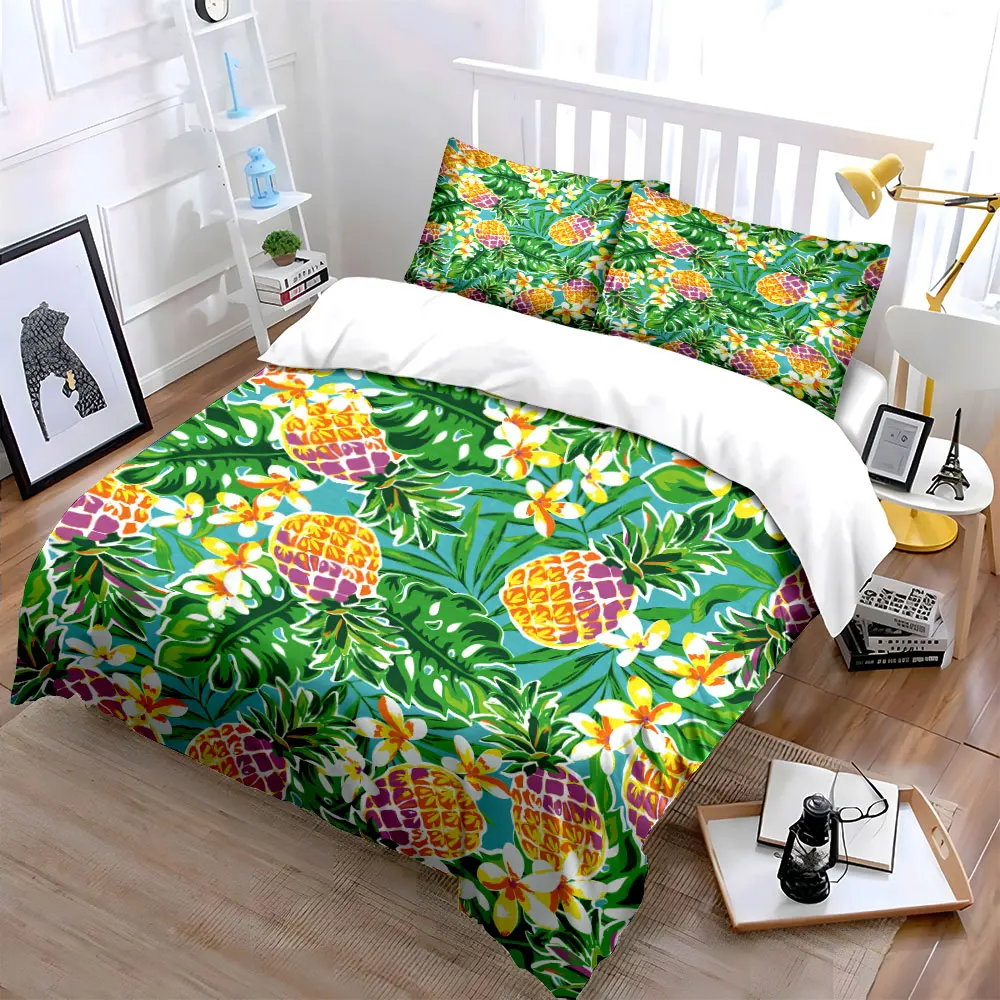 Tropical pineapples with flowers and leaves Bedding Set for Kids Luxury Gift 3pcs Digital Print Comforter Set Soft Comfortable