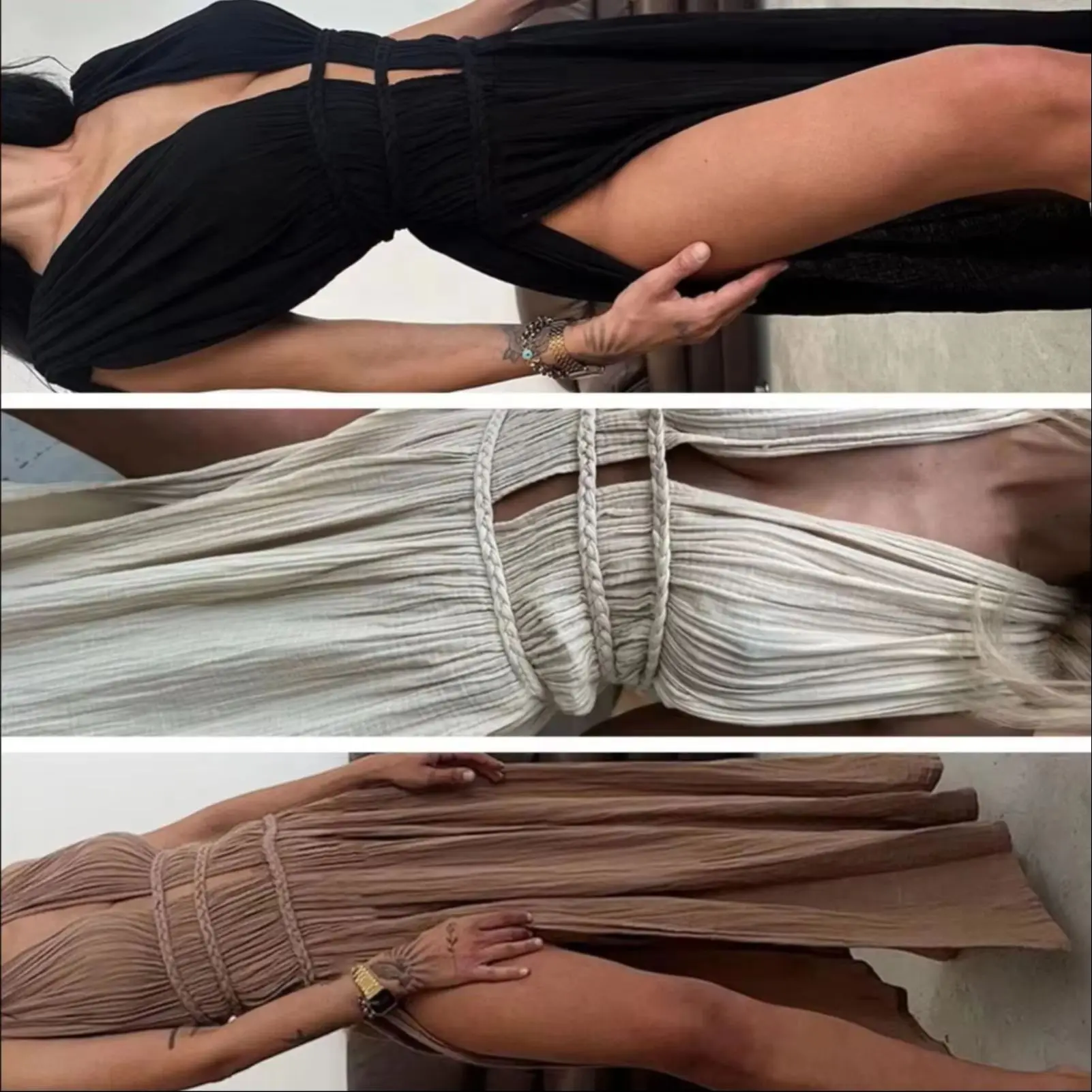 Vestido con panel de cuerda trenzada Vestido largo elegante con hombros descubiertos y correas trenzadas para mujer Vestido veraniego de playa de vacaciones de color sólido