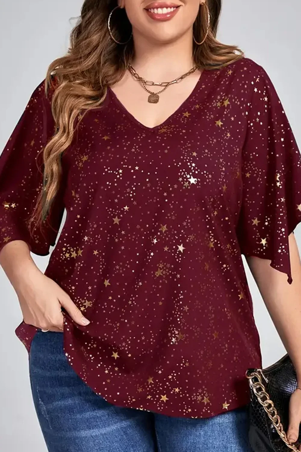 Plus Size Christmas Burgundy Sparkly Bronzing Print V Neck Blouse Half Sleeve Loose Tops