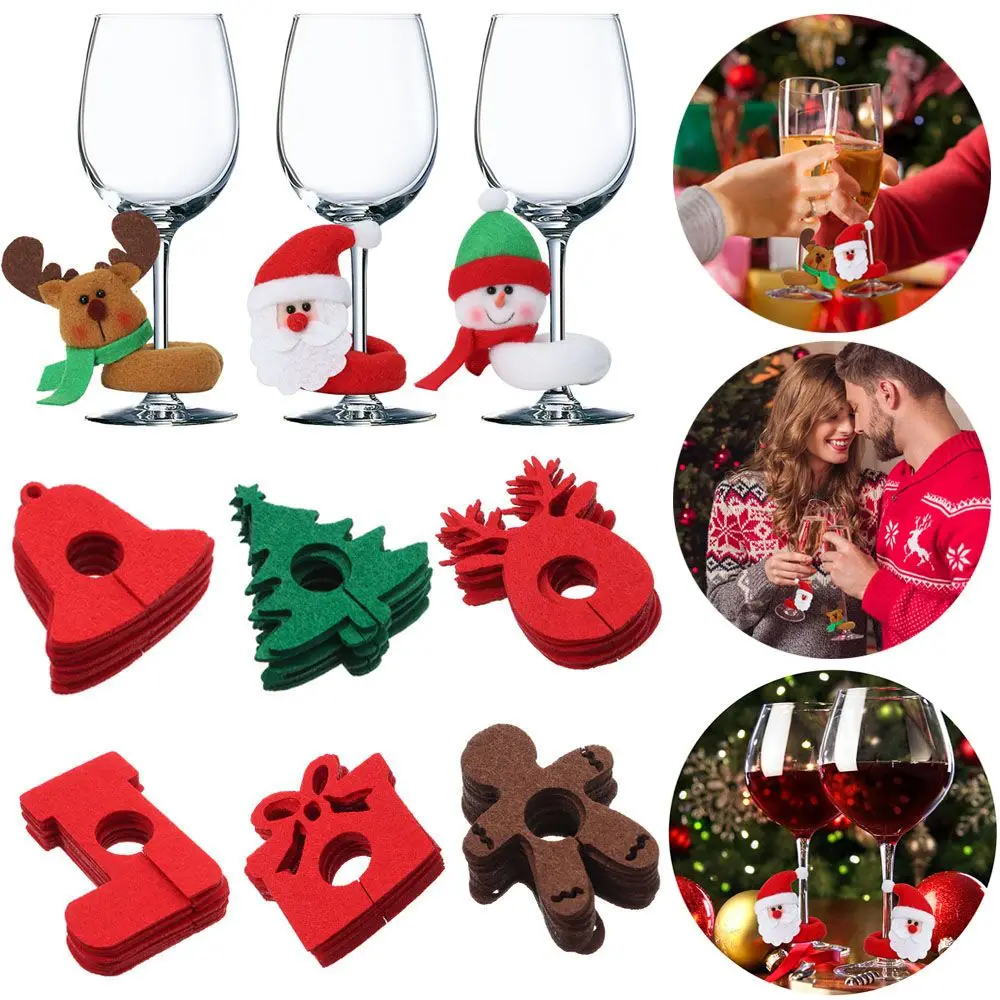 10Pcs Elk Xmas Pendants Santa Claus Christmas Cup Decoration Rings Table Decor Wine Glass Pendants Christmas Cup Ring