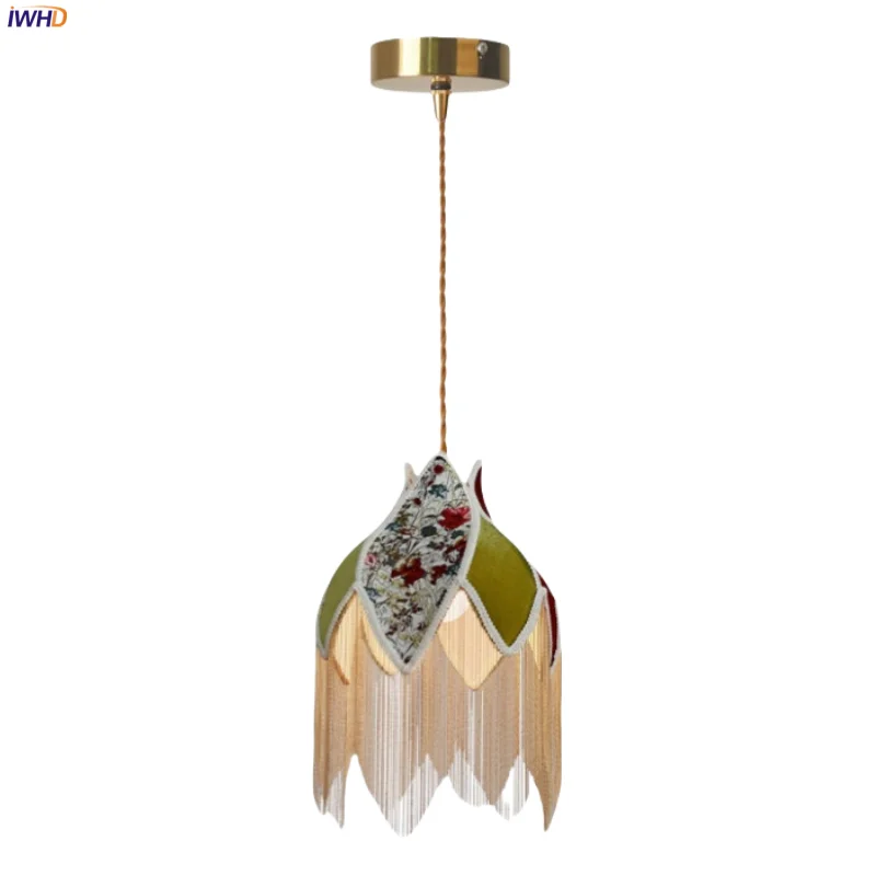 

IWHD Colorful Tassel Cloth LED Pendant Lamp Cafe Loft Restaurant Living Room Bedroom Home Decor French Vintage Hanging Lights