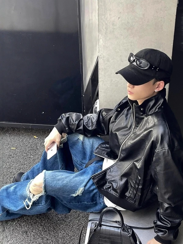 Ретро американский мотоцикл Sle ort Bla кожаный джгут для мужчин модная уличная одежда из полиэфирного волокна длинная застежка-молния