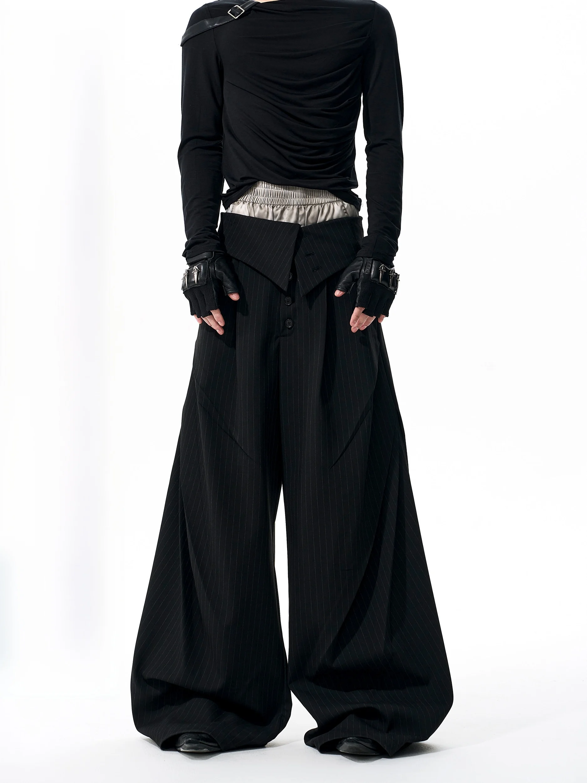 

Мужские повседневные брюки SEE с широкими штанинами, вертикальными полосками, на одной пуговице, черные, осенние, модные, длинные, молодежные