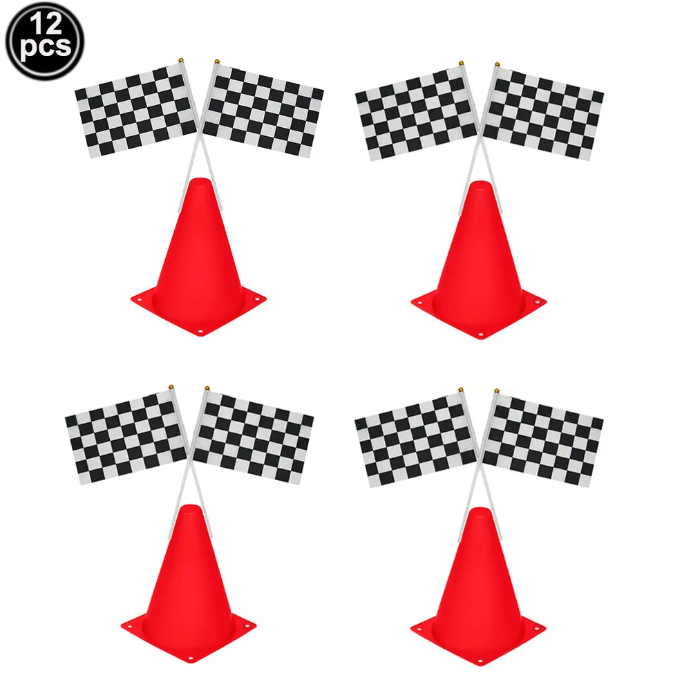 Traffic Cones and Racing Checkered Flags Black White Flags Kids Racing Theme Decorations for Race Car Birthday Party Supplies