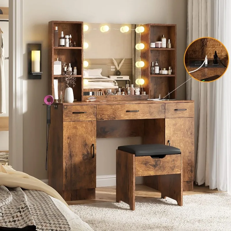 Makeup Vanity Table with Lighted Mirror & Power Strip, Large Vanity Set Vanity Desk with Lots Storage