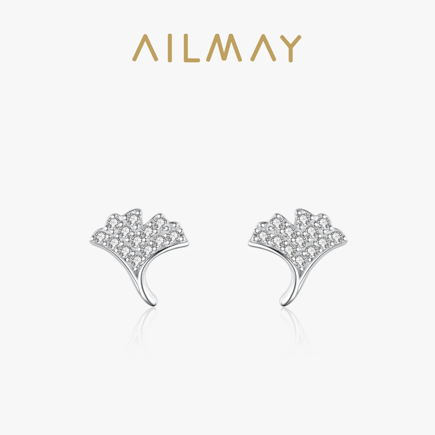 Ailmay Genuine 925 Sterling Silver Simple Ginkgo Leaf Sparkling Zircon Stud Earrings For Women Classic Charm Jewelry Gift