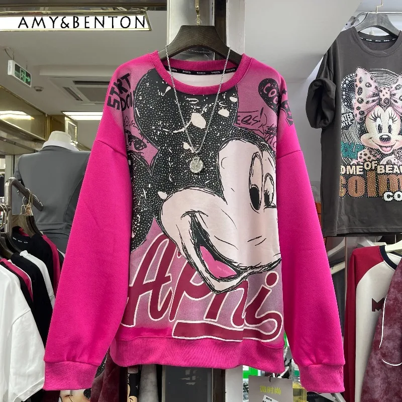 العلامة التجارية العصرية النمط الأوروبي طويلة الأكمام البلوز معطف الثقيلة التطريز الكرتون منتصف طول أعلى كبيرة الحجم الكرتون هوديس سترة