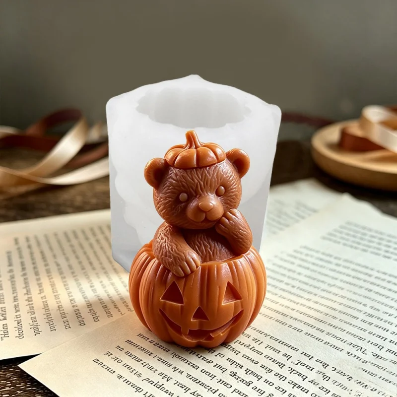 3D Halloween Pumpkin Bear Silicone Candle Mold with Cute Knitted Hat Teddy Bear Aroma Plaster for Halloween Decorations