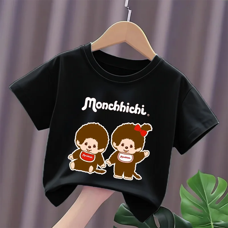 Monchhichi Children Short Sleeve T Shirt Anime Cartoon Print Cotton Tees Girls Kawaii Summer Casual Crew Neck Tops Kids Gifts