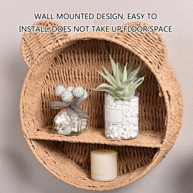 Woven rattan wall basket shelf with bear ear design details