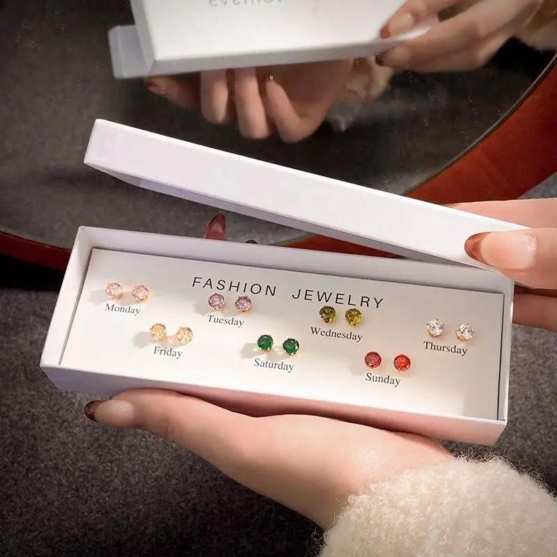 Exquisite Multicolor Zircon Stud Earrings Set for Sensitive Ears Piercing Gift Box Women Unique Minimalist Elegant Jewelry Combo