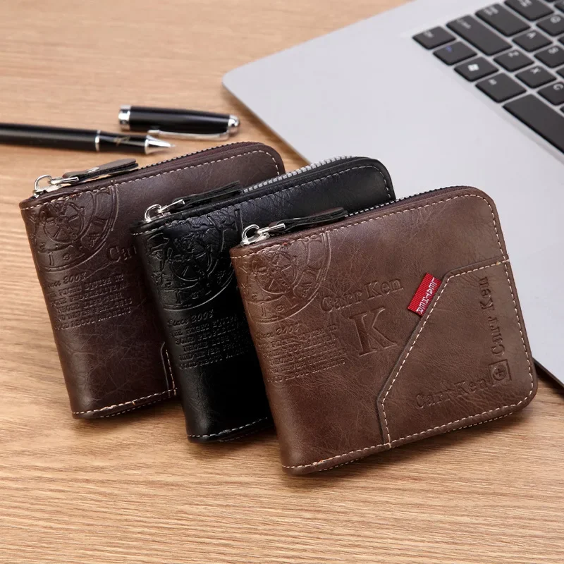 

Men's Wallet Made of PU Wax Oil Skin Letter Printed Zipper Wallet Multi-slot Spliced PU Coin Purse