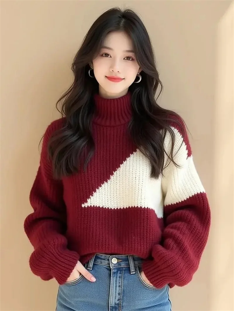 Wine Red Contrasting Irregular Thick Thread Sweater For Women 2025 New Autumn And Winter European Heavy Industry Unique Chic Top