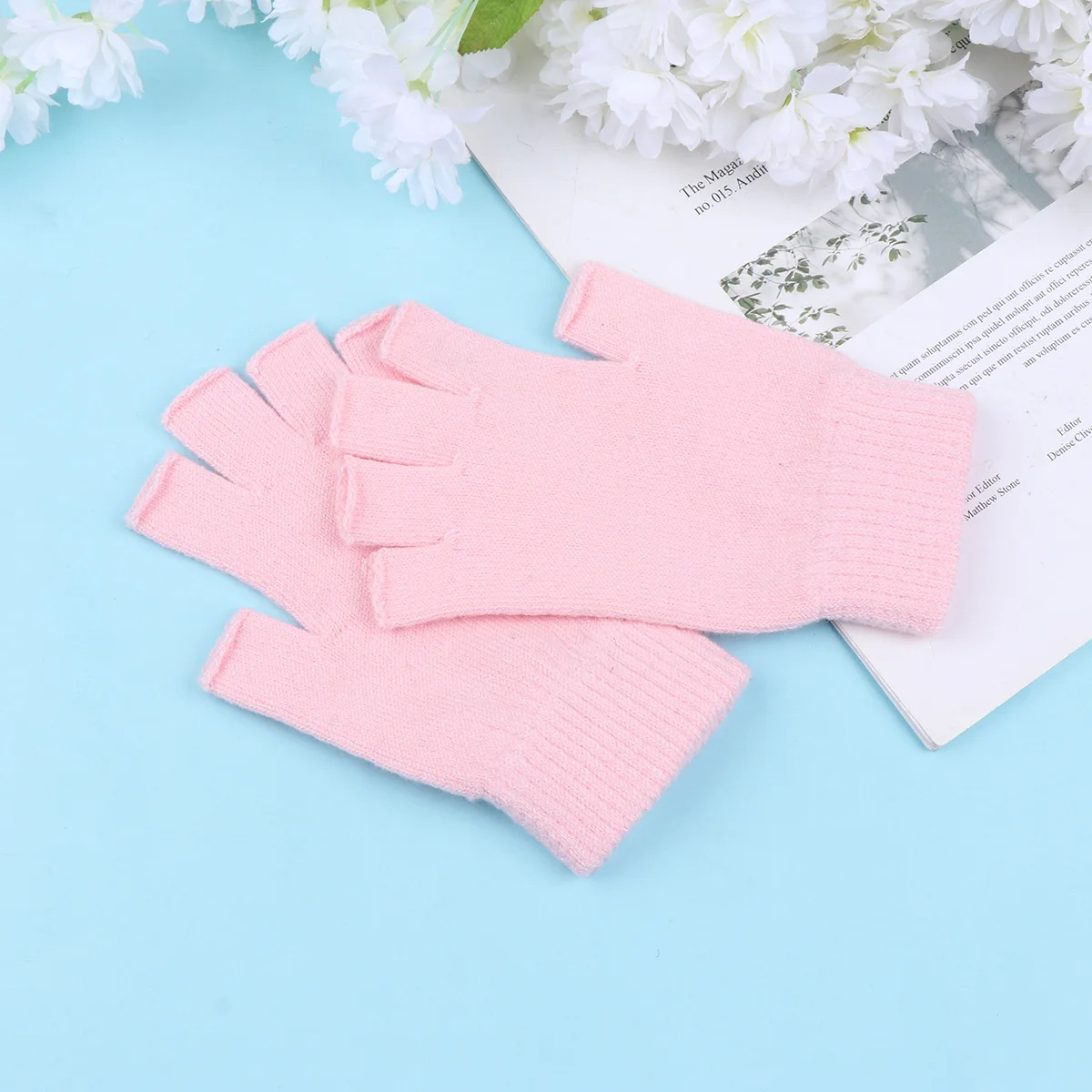 قفازات نصف إصبع محبوكة دافئة باللون الوردي للنساء للشتاء، ناعمة ومريحة ومسامية، مجموعة ملابس رائعة #6