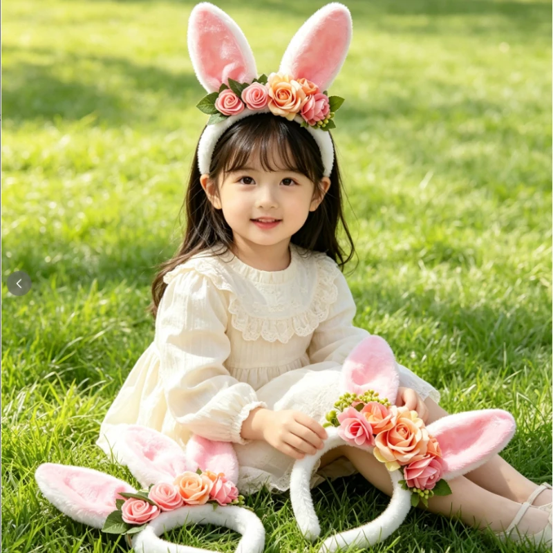 Sweet Cute Rabbit Ear Style Headband With Beautiful Foam Faux Flower Decoration Hair Hoop For Spring Daily Casual Holiday Party