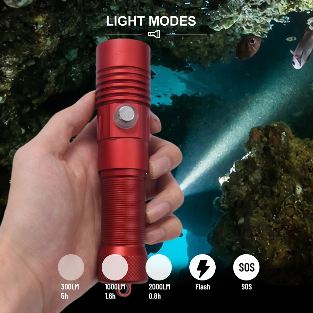 Asafee DT40 Professional Diving Flashlight Portable SST40 LED 2000LM Scuba Lamp Underwater 251m Torch IPX8 Waterproof Dive Light