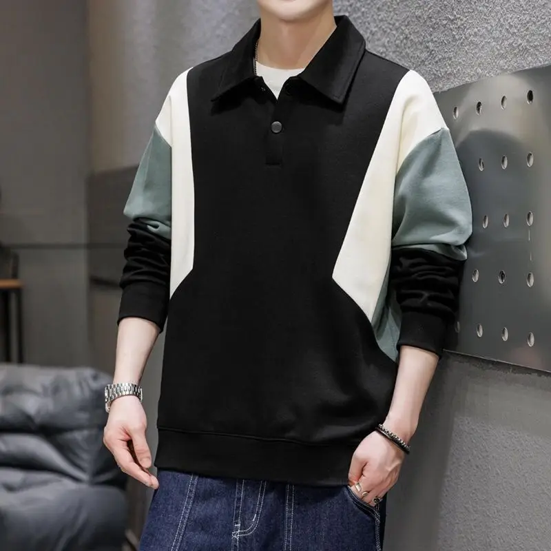 

Fashion Trend Sping Autumn New Men Polo Shirts Lapel Button Contrast Color Patchwork High Street Casual Long Sleeve Loose Tops