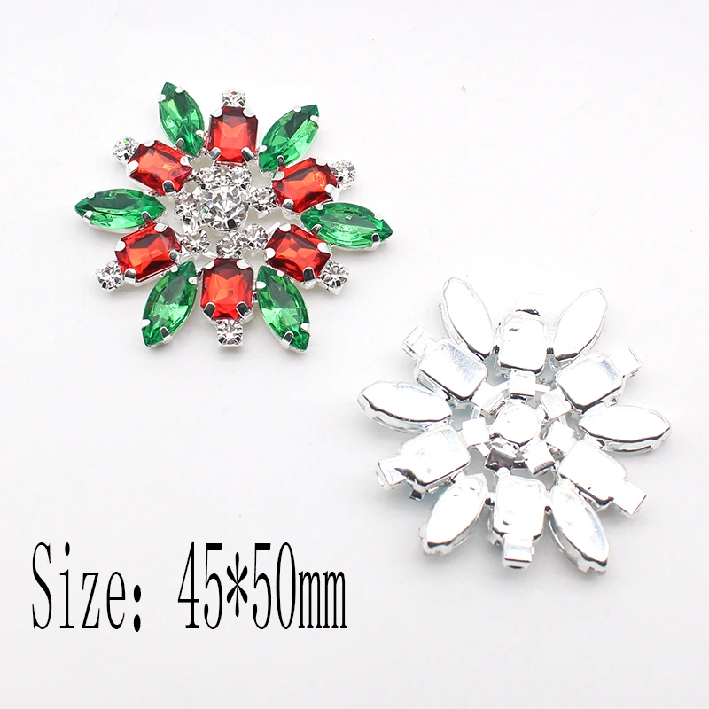 Exquisite 2Pcs Metal Snowflake Glass Mixed Color Diamond Flat Bottom Button 45*50MM DIY Silver Handmade Decorative Accessories