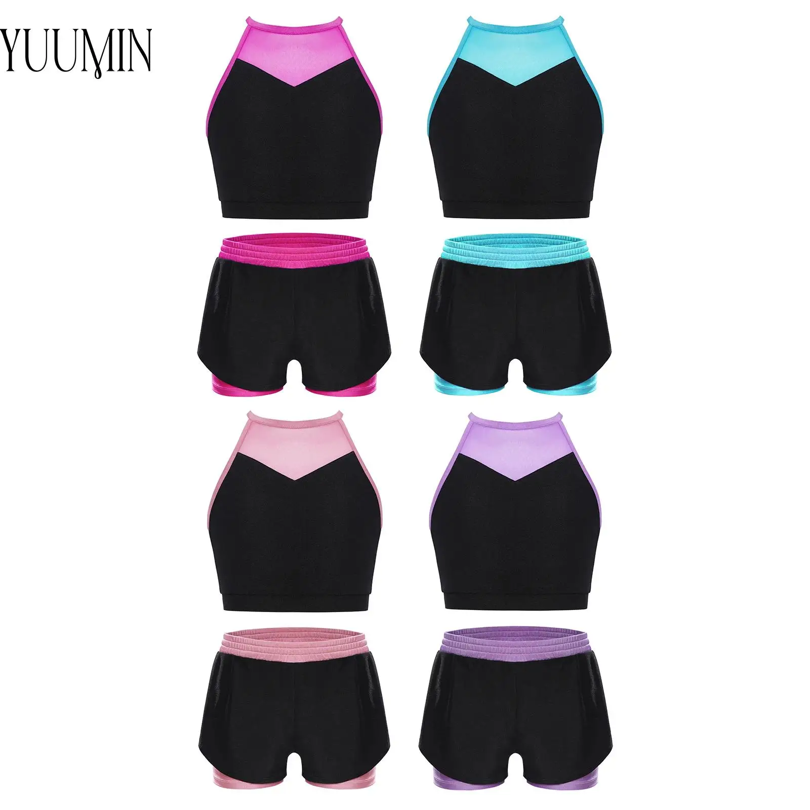 

Girls Color Block Sports Sets Sheer Mesh Crop Top with Double-Layer Contrasting Shorts for workout Exercise Yoga Running Cycling