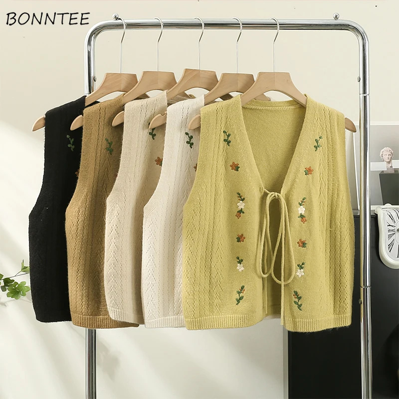 Knitted Vests Women Soft Embroidery Tender Vintage Bandage Casual Autumn Sleeveless Temper Harajuku Fashion Cozy Mujer Classic