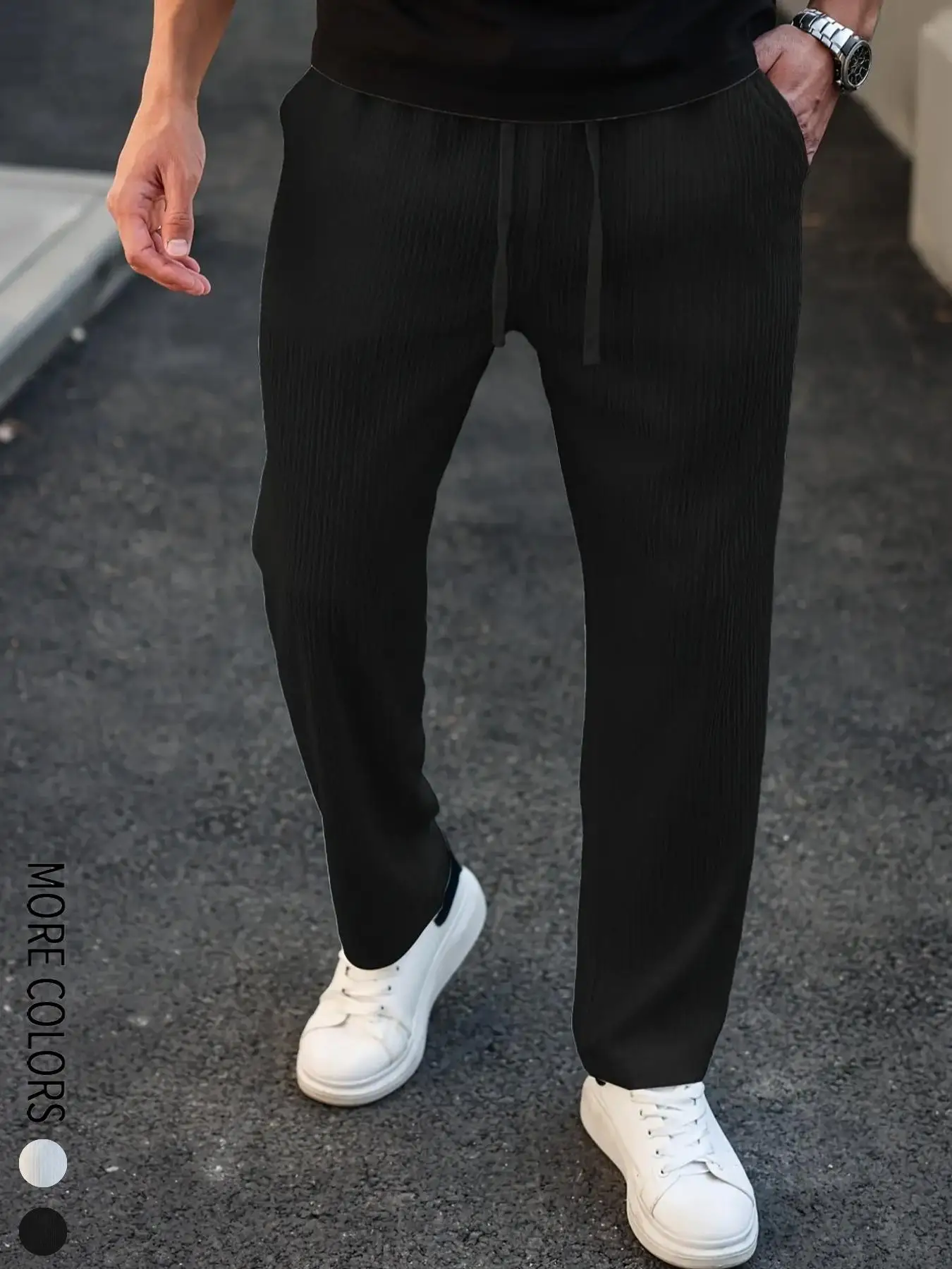 

Men's Regular Style Pleated Plain Casual Pants with Drawstrings and Pockets, Breathable Ice-Feel Straight Pants for Spring and Summer, for Couples, Suitable for Home Leisure, Date, Daily Matching, Running, Multi-Scenario, Suitable for All Seasons