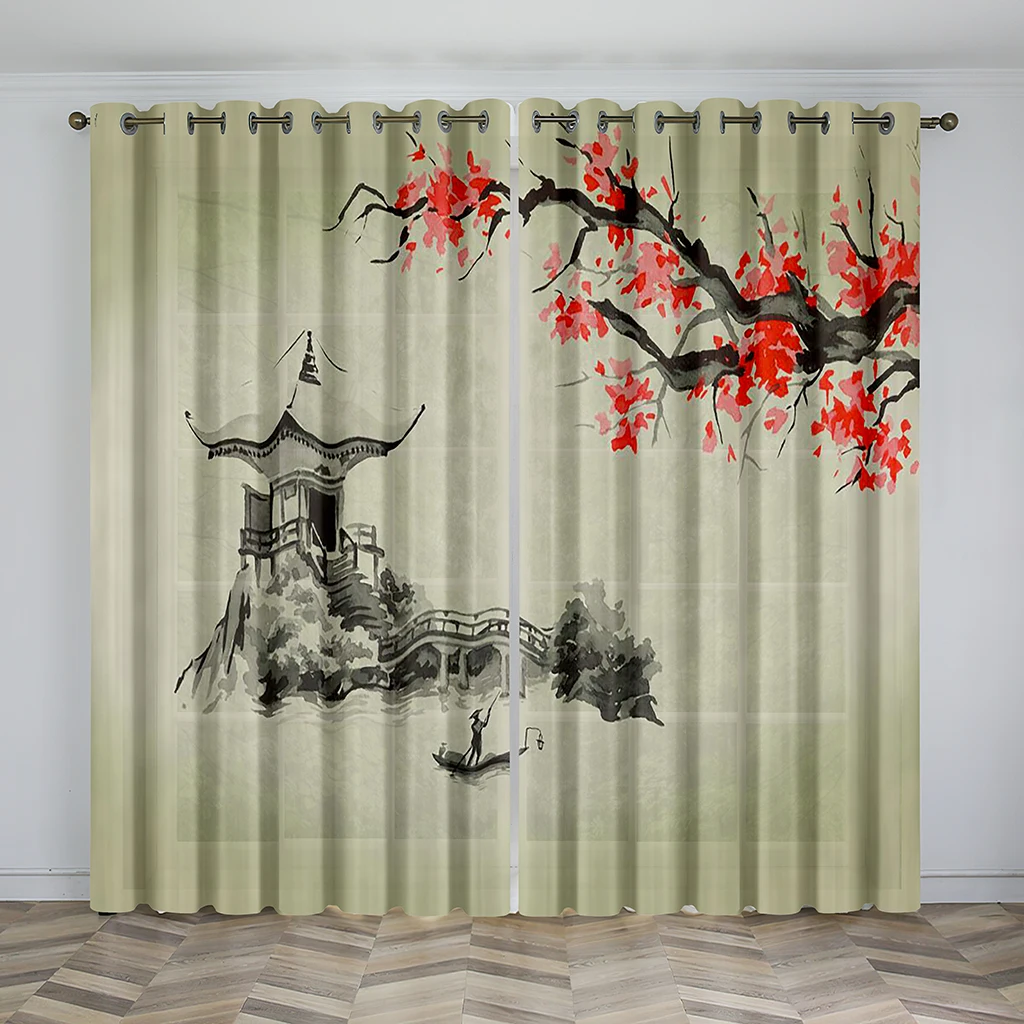 Chinese Style Natural Scenery Curtains Mountains Rivers Lakes Flowers Plants Elegant Curtains 2 Panels Living Room Bedroom Decor