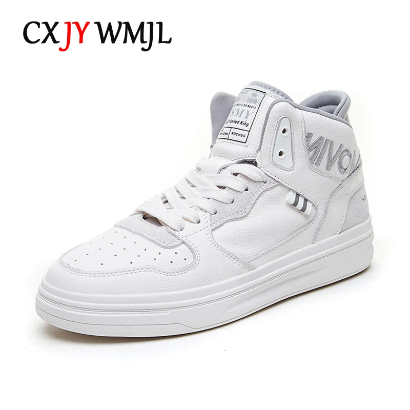 

CXJYWMJL Genuine Leather High Top Sneakers for Women Spring Autumn Casual Vulcanized Shoes Ladies Lace-up Sneakers White