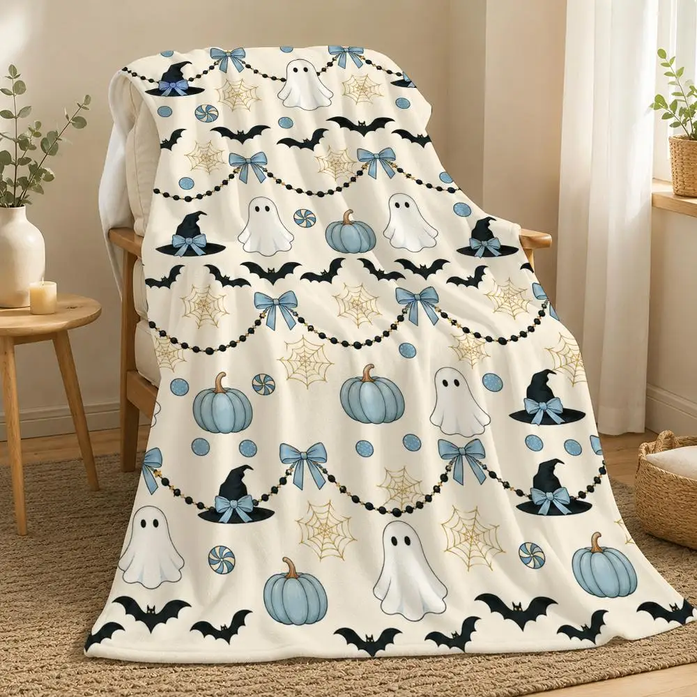 Charming Halloween Ghost Garland Throw 240g flannel blanket, suitable for sofas, beds, offices,  exquisite gift blankets