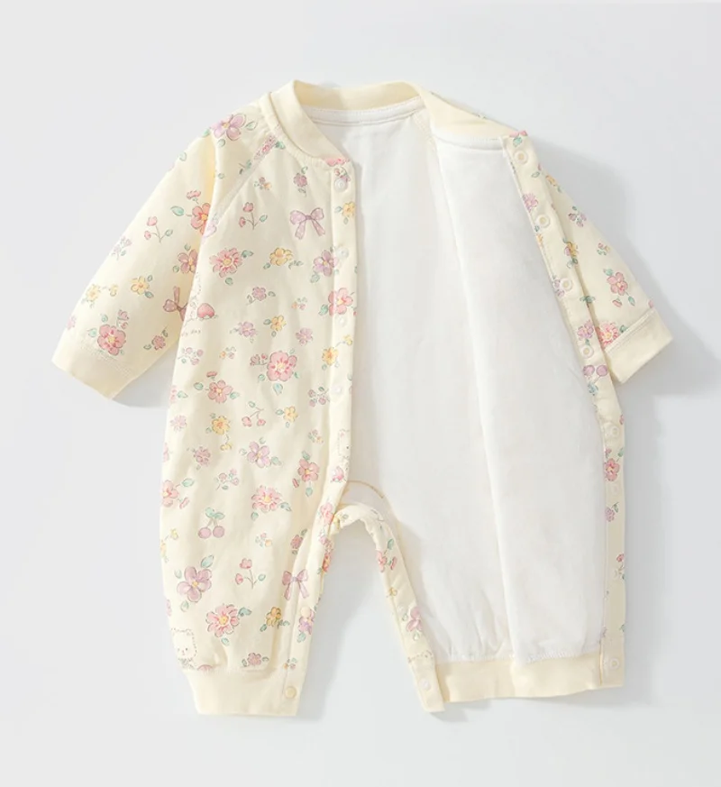 2026 Herbst Baby Neugeborenen-Strampler 0-24M Jungen Mädchen Blumendruck Gepolsterter Body Weicher Warmer Säuglings-Overall für den Alltag – Detail 4