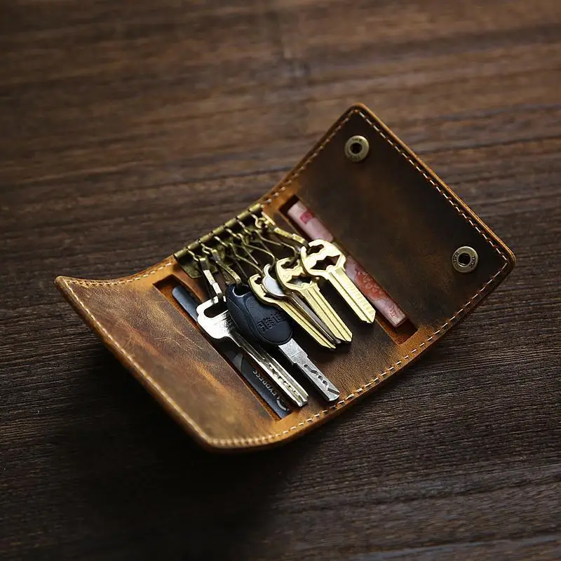 100% Genuine Leather Men Key Wallets Multifunctional Men Key Holder Car Key Pouch Retro Card Holder