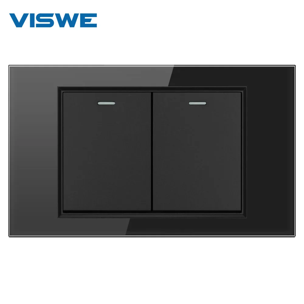 VISWE Elektrische Wandschalter, Lichtschalter, 1/2/3/4 Gang, 2-Wege, 118 mm x 72 mm, gehärtetes Glas, mechanischer Knopfschalter, Schwarz