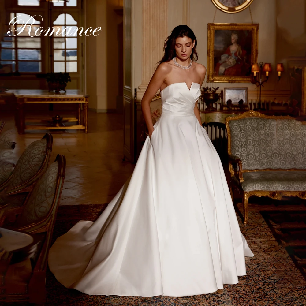 فستان زفاف حديث مطوي من الساتان على شكل حرف a 2025 بدون حمالات متقاطع بدون أكمام أزرار فستان زفاف Vestidos De Novia مخصص