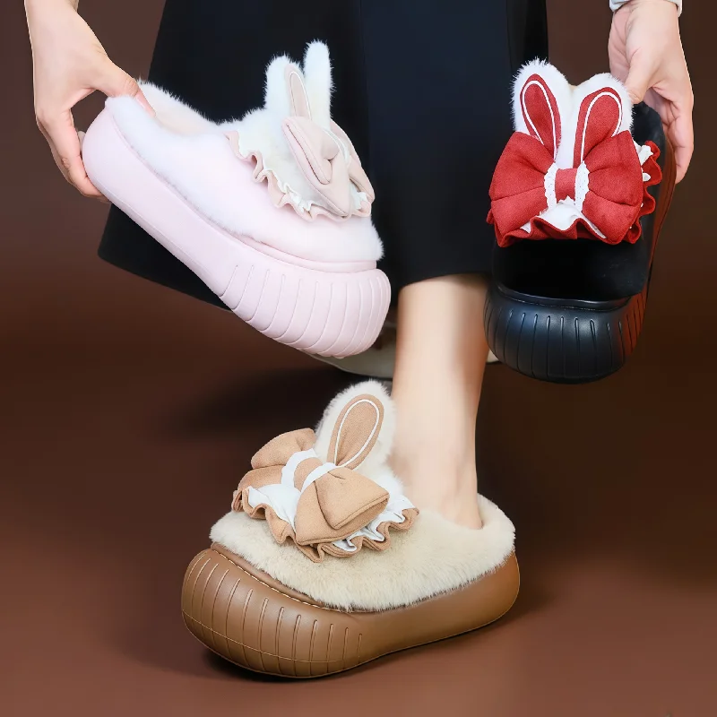 

New kawaii rabbit ear slippers women winter thick sole furry mules home slipper woman indoor backless house shoe platform sliper