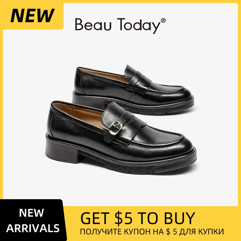 

BEAUTODAY Classic Loafers Women Genuine Calfskin Leather Round Toe Solid Color Flats Slip-on Ladies Shoes Handmade 26467
