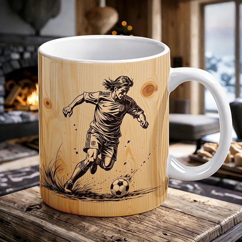

Soccer Player in Motion Art Print - Wood Grain Background Mug with a bottle opener function of 2026 Major Football Event