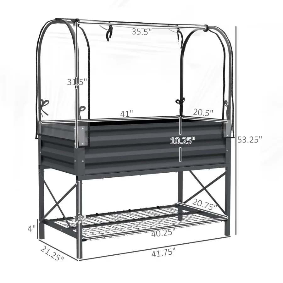 Raised Garden Bed with Legs and Cover, Metal Elevated Planter Box with Bottom Shelf and Liner for Vegetables, Dark Gray