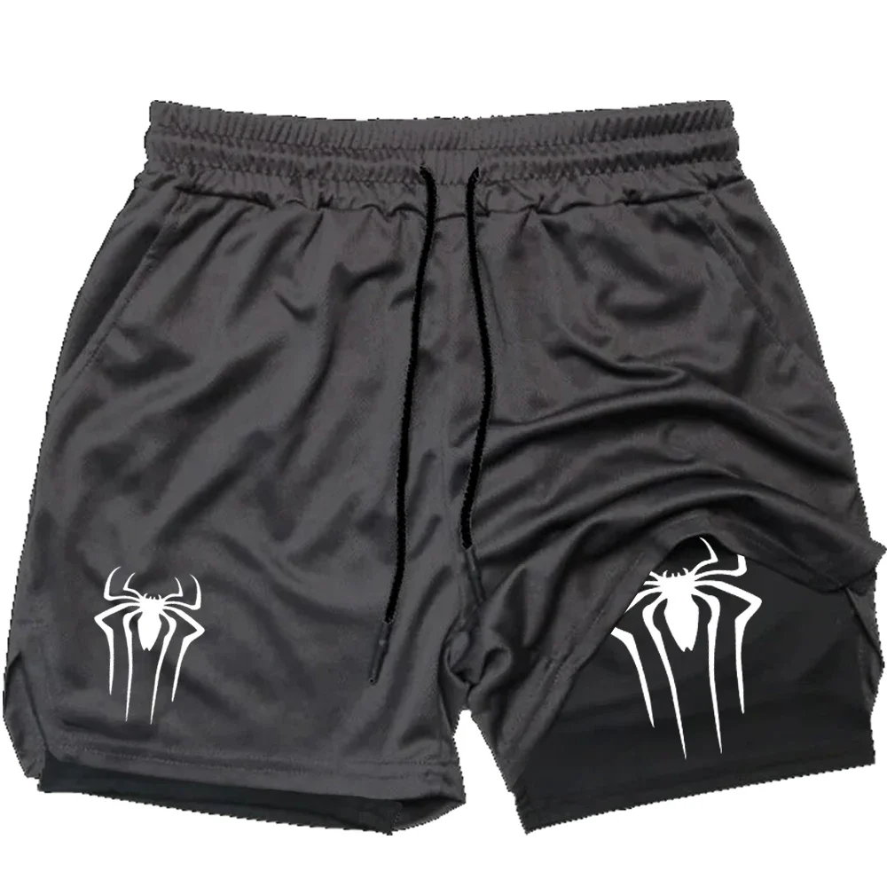 Y2K Performance Shorts Men Spider Printed GYM Casual Sports Compression Shorts Workout Running Mesh 2 In 1 Sport Short Pants