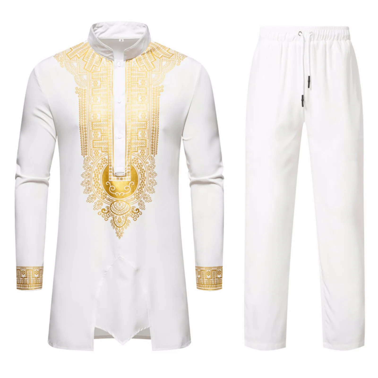 Men's Sets Standing Collar Gold Stamping Printed Long Sleeved Shirt And Solid Color Pants African Style Casual Two Pieces Suits