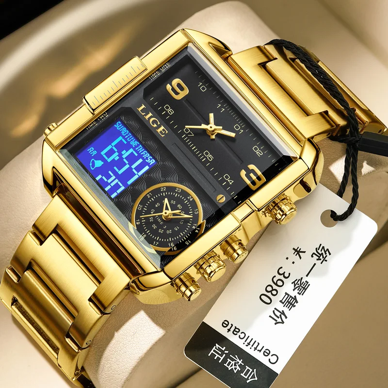 LIGE Fashion Gold Steel Men Watch Digital Dual Display Watch Sports Chronograph Waterproof Quartz Wristwatch Man Business Watch