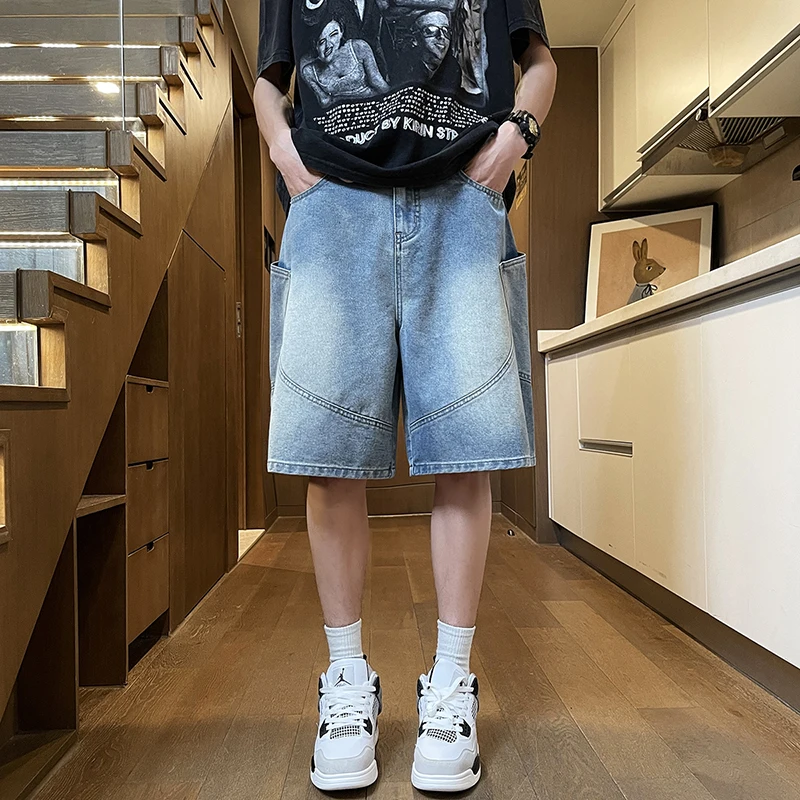Casual Cargo DENIM กางเกงขาสั้นผู้ชายเอวยางยืดตรงสบายสีฟ้านุ่มสั้นกางเกง Baggy กว้างเบอร์มิวดากางเกงยีนส์ชาย