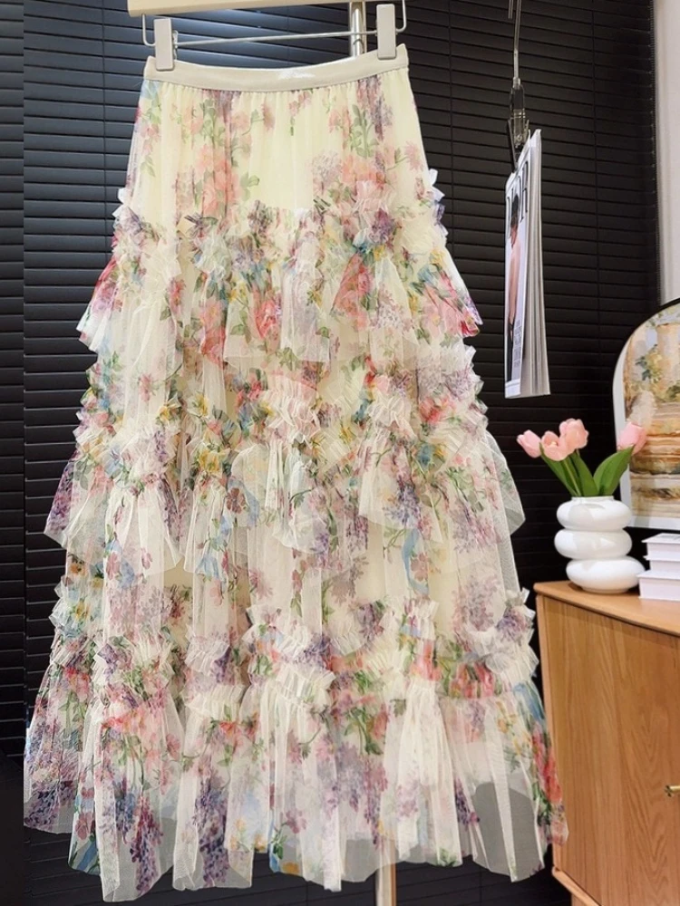 Women's Summer Slimming Long Cake Skirt High Elasticity Commute Style Fashionable Heavy Embellished Printed Lace Half Skirt