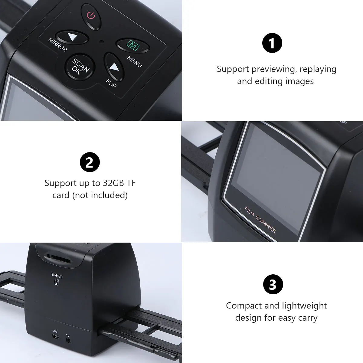 

35Mm 135Mm Slide Scanner 5.0Mp Film Digital Converter 3600Dpi Portable Negative Scan Lcd 2.36 Inch Compact Black Eu Plug Home