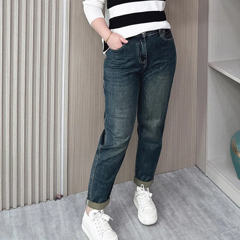 Size XL XXL Jeans Women Autumn New High Waist Quality Cuffed Loose Simple Stretched Denim Casual Harem Pants 5260