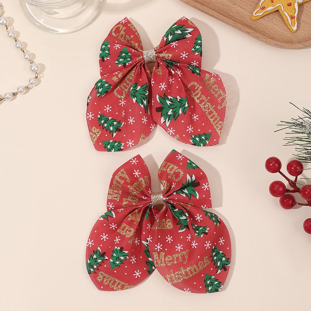 2 قطعة "عيد ميلاد سعيد" القوس مقاطع الشعر لطيف شجرة عيد الميلاد طباعة دبابيس الشعر للفتيات الأطفال السنة الجديدة أغطية الرأس إكسسوارات الشعر