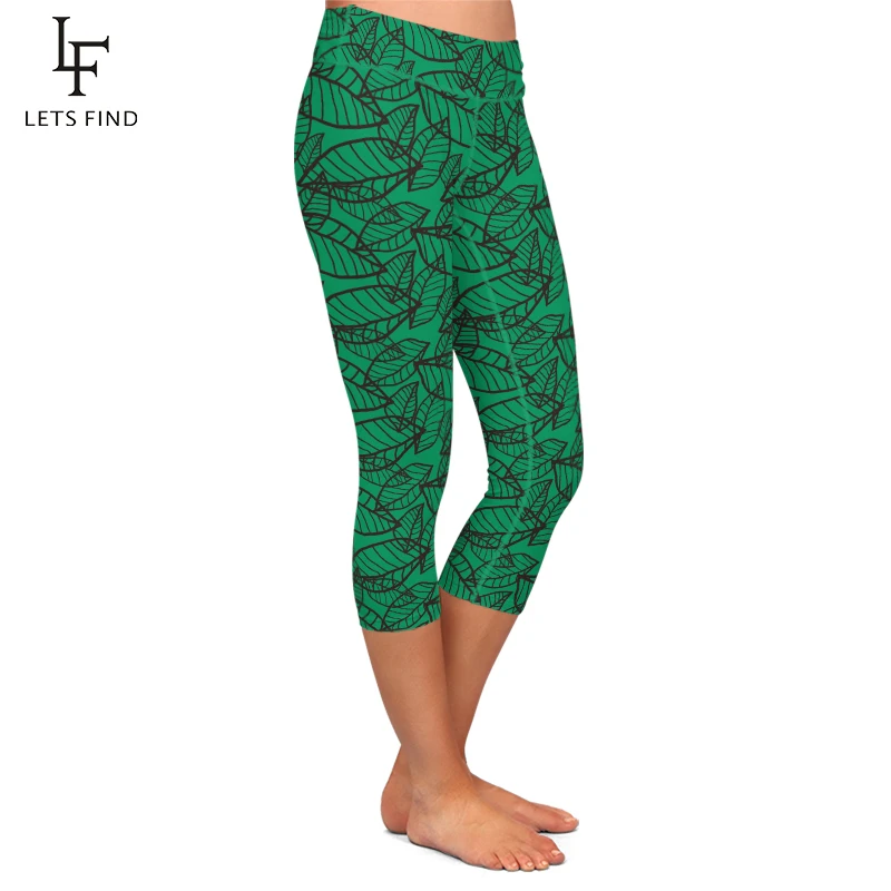 Fashion New Green Leggings Women Leaf Print Summer Capris Leggings High Waist Casual Mid Calf Leggings